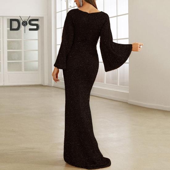 Dámské Večerní šaty Zvonové rukávy Flitr A-line Slim Fit Nízký střih s výstřihem do V Maxi šaty Střední pas Vzadu Zapínání na zip Plesové šaty