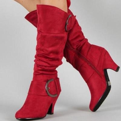 Bottes Mi-mollet Automne Hiver Mode Femme Gris Rouge Noir Flock Botte Dames Boucle Talons Hauts Chaussures de Soirée pour Filles