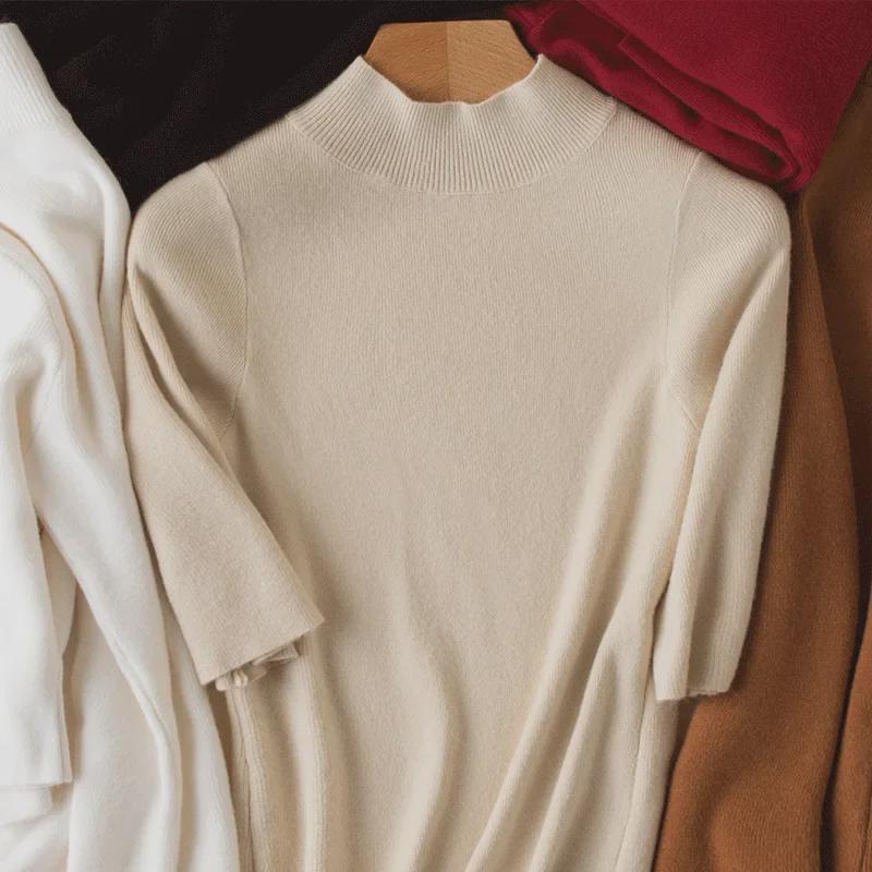 2021 Spring Knitted Half-High Neck Slim Pullover with Five-Point Sleeves