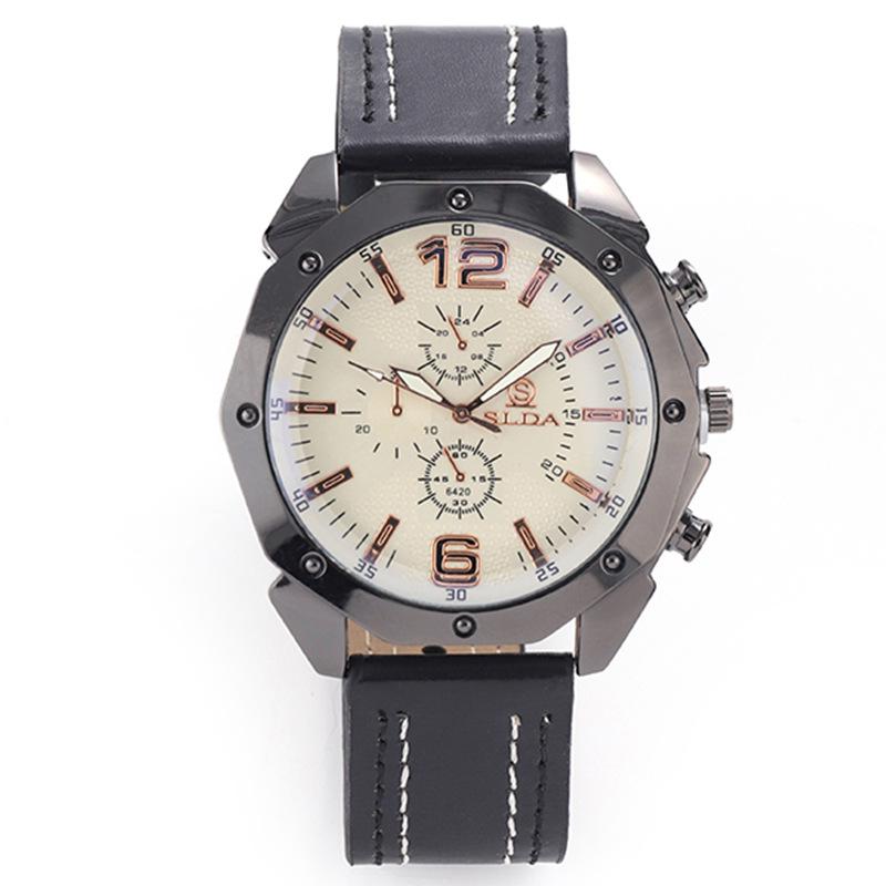 Men's Korean Style Casual Leather Strap Quartz Watch with Big Dial and Unique Design
