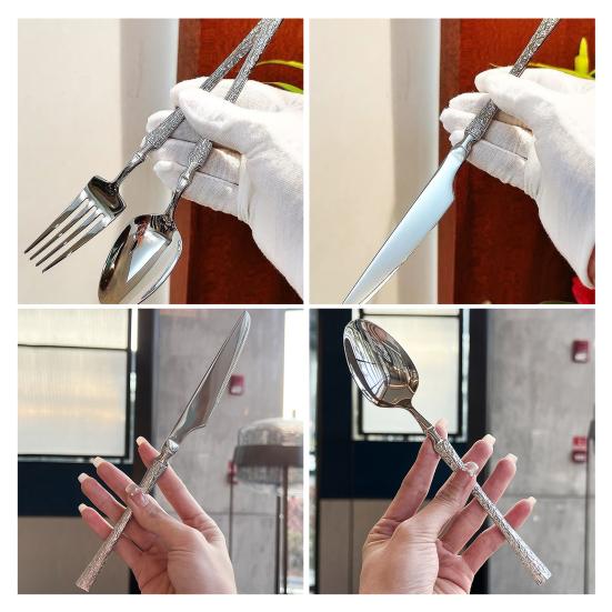 French Style Cutlery 304 Stainless Steel Hammered Texture Tableware Non-Slip Handle Small Waist Design Serrated Knife Sharp Fork Spoon