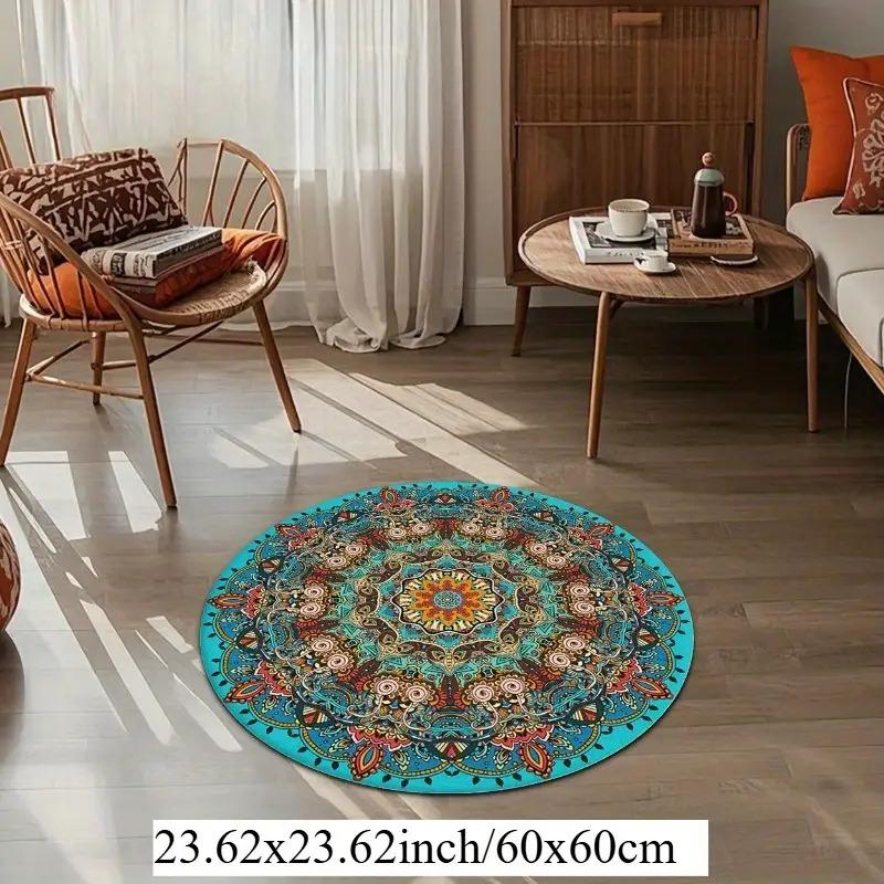 Crystal velvet carpetVibrant Mandala Round Mat- Blue Green Orange Red Floral Pattern- Suitable for Home, Office, Bedroom or Cafe