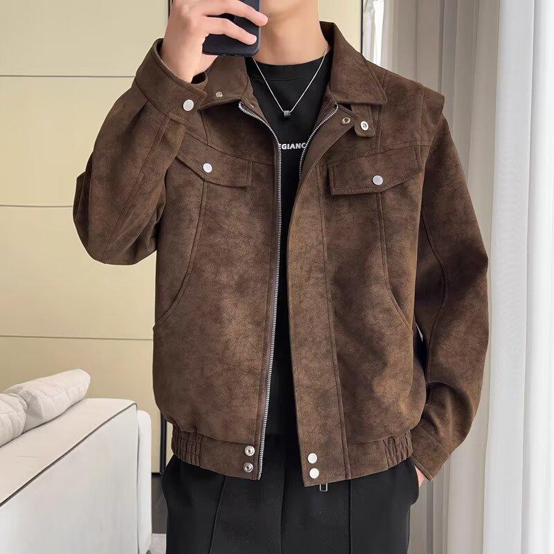 

Autumn and winter new American tie-dye retro leather jacket men s casual top trendy brand high-end tooling jacket 3XL коричневый