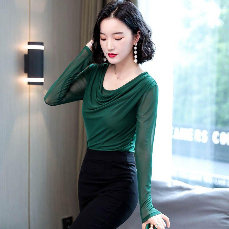 Fashion Women Spring Autumn Thin Mesh Blouse Stacked Neck Slim Fit Long Sleeve Base Layer T Shirt