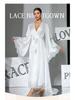 Black & White Satin Morning Robe with Flared Sleeves, Lace Accents, Long Style, Tie Belt, and Train Hem