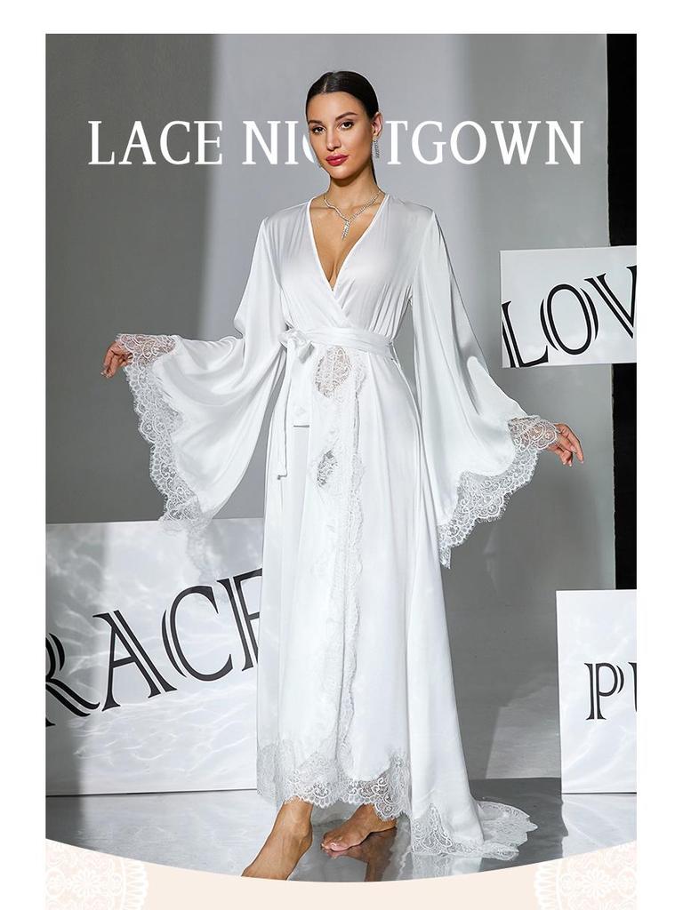 Black & White Satin Morning Robe with Flared Sleeves, Lace Accents, Long Style, Tie Belt, and Train Hem