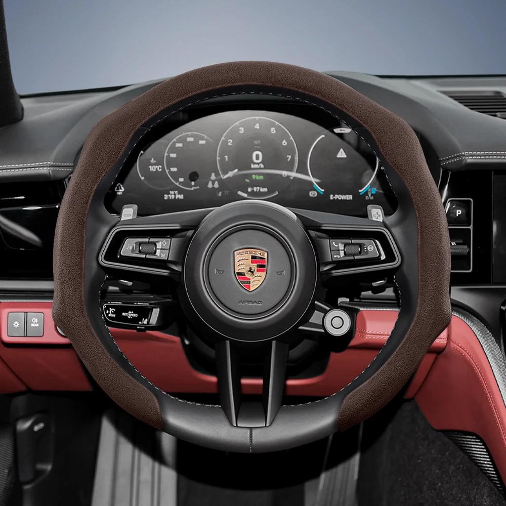 Suitable for Porsche Premium Suede Snap-On Steering Wheel Cover, Non-Slip Durable for Cayenne 996 Macan 957 Volante Boxster 986