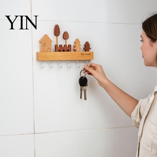 Hat And Scarf Rack Wooden Key Holder with 6 Metal Hooks, Wall Mounted Storage Modern Wood Organizer Rack, Dual Installation Ways for Entryway Kitchen