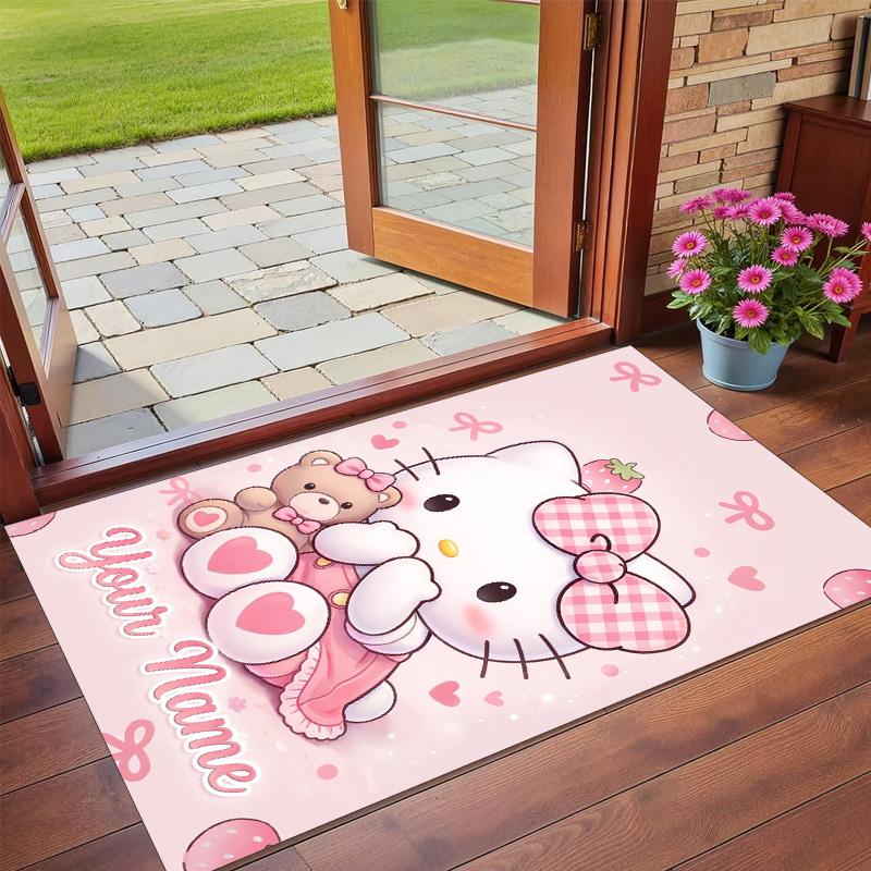 Crystal Velvet Rug Custom Name Text, Soft Non Slip Floor Mat Home DecorHello Kitty