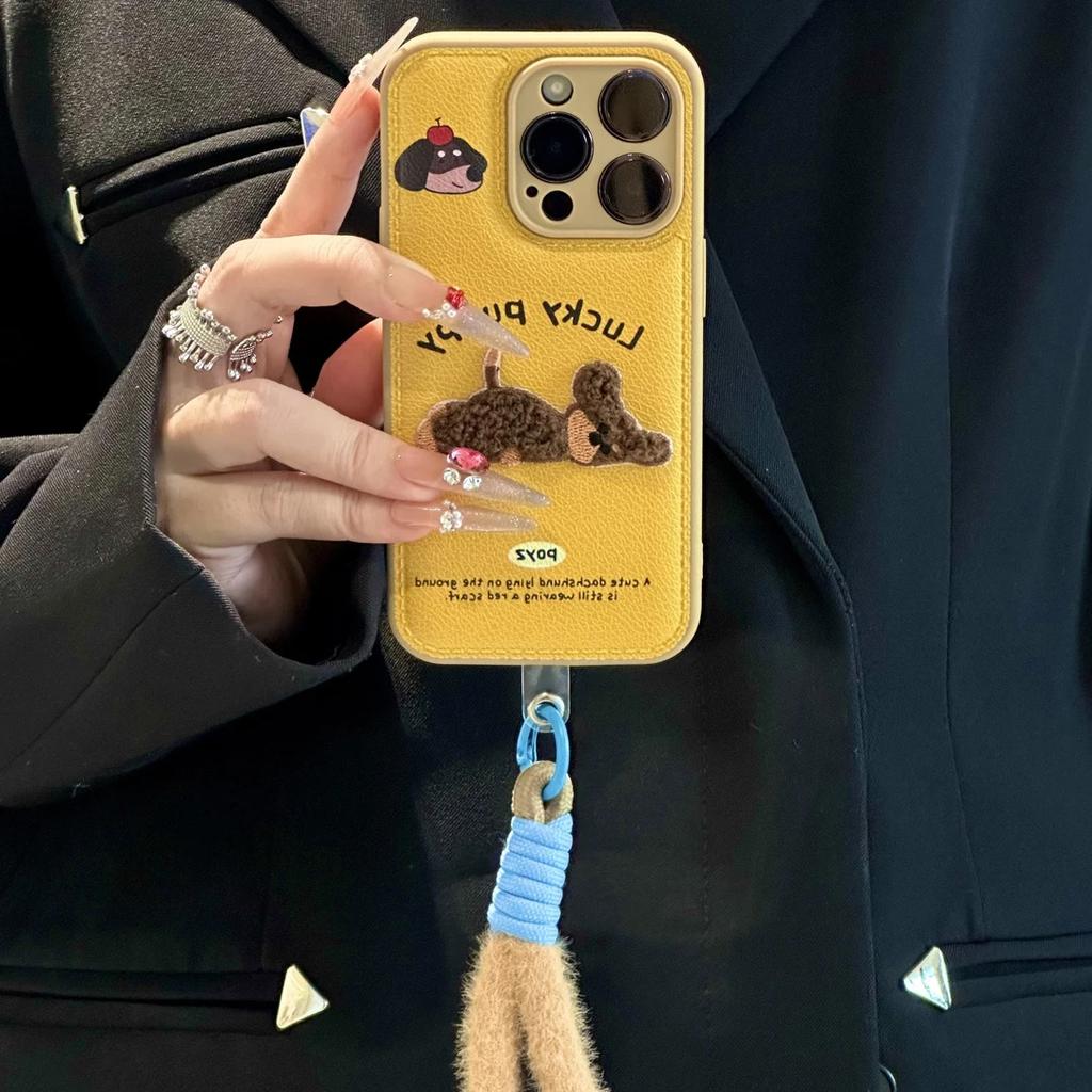 Embroidered Puppy Lanyard for Apple 16/17 Phone Case iPhone 15 Bulge Bag Candy Air Cushion 14 Bracket 13