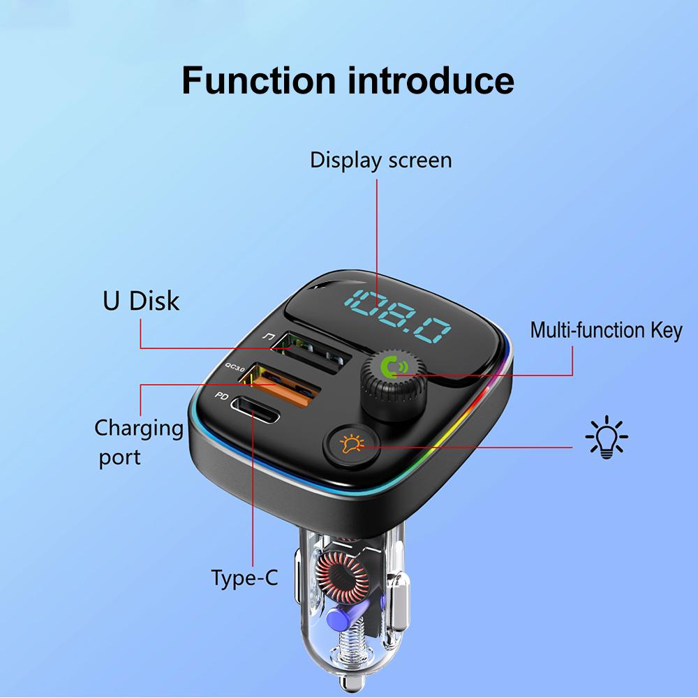Bluetooth 5.3 FM Transmitter Car Charger Car Radio Modulator MP3 Player with 36W PD QC3.0  Quick Charge Adapter Colorful Lights