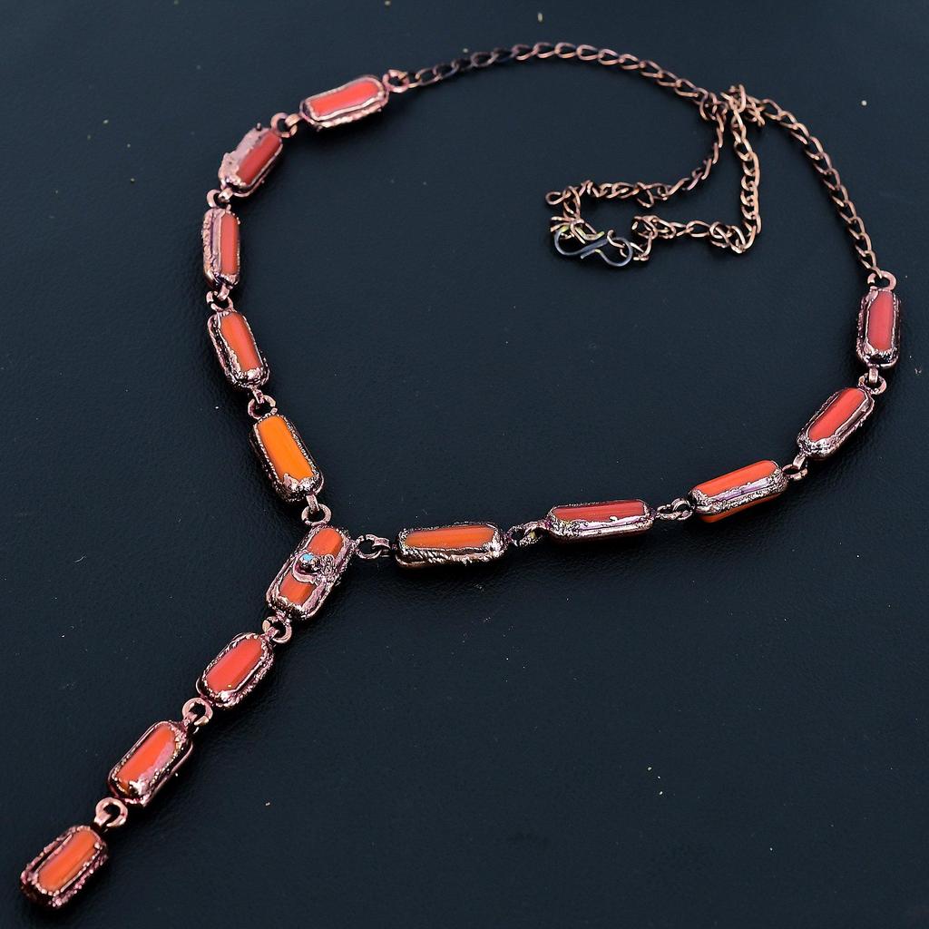 Red Coral Handmade Gemstone Necklace, Copper Electroformed Necklace Antique Jewelry, Adjustable Chain Necklace Engagement Gift