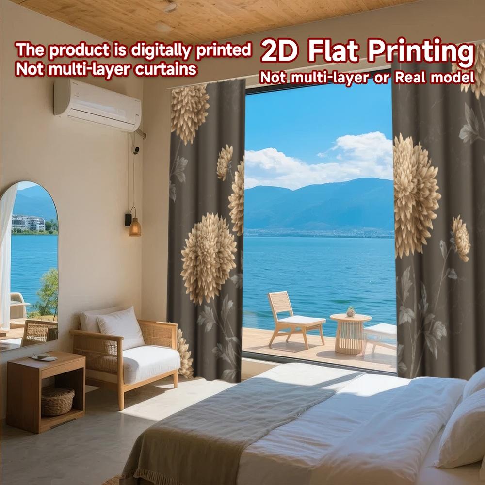 2D FLAT PRINTING 2pcs Curtains (Without Rod) Floral Elegance on Gray Easter Festival Chic Print Curtains Durable Polyester