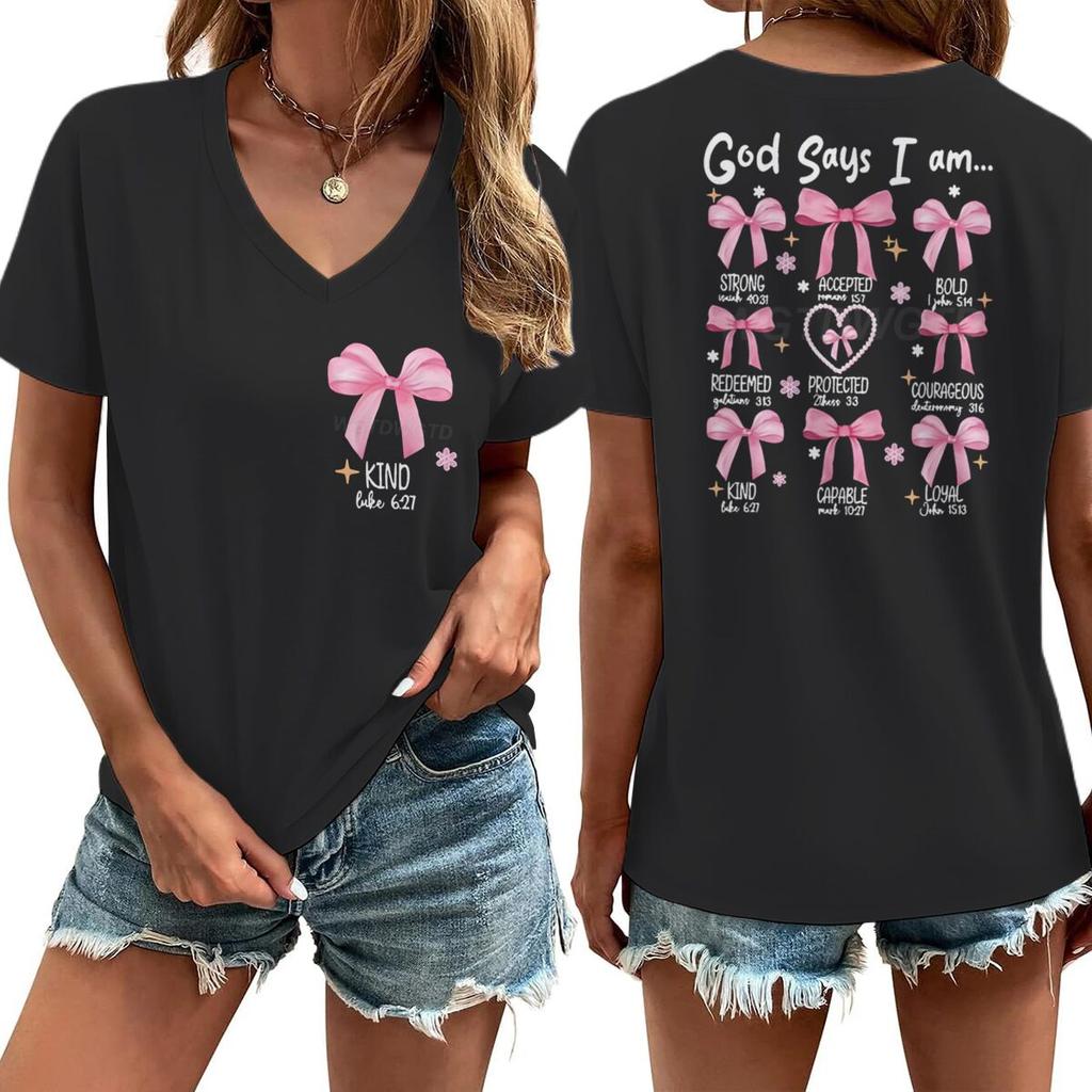 God Says I Am Christian Women Tshirt Coquette Bow Christian Faith Vneck Soft Tee Jesus Religious Faith Based TShirt