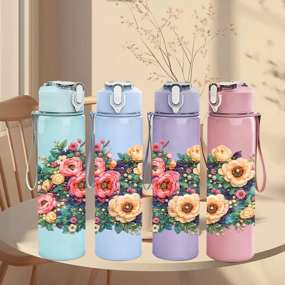 1PC Mixed Bouquet Art 750ml Color Plastic Sports Water Bottle Leakproof Flip Straw Lid Suitable for Sports Office Home Use
