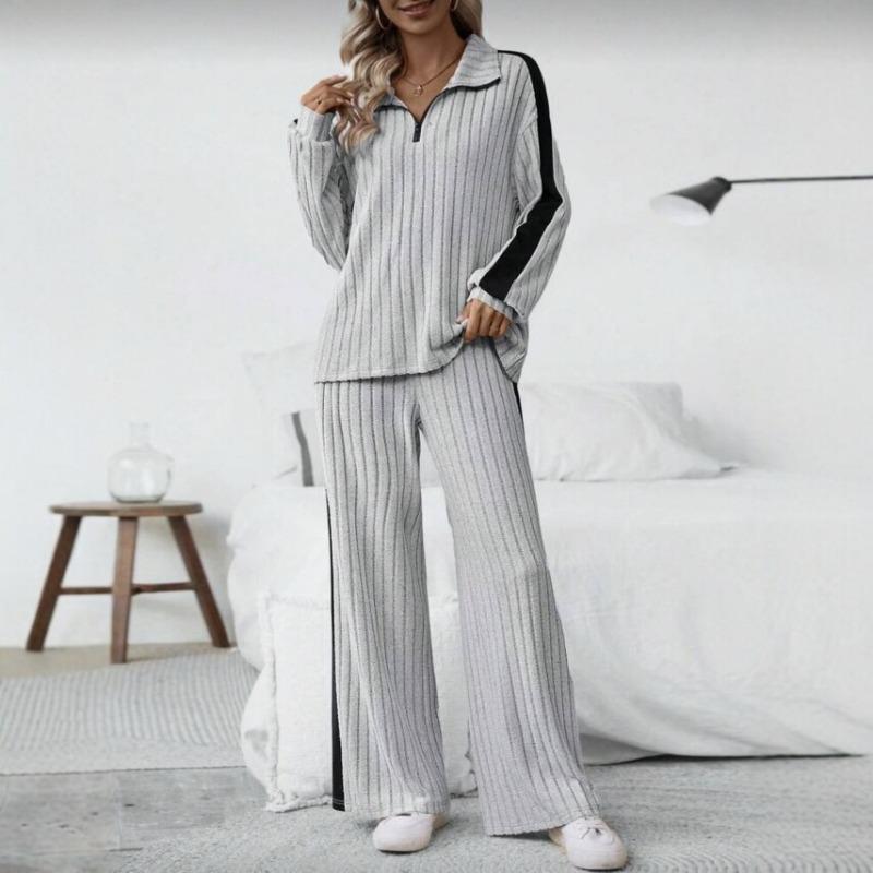 Women Ribbed Knit 2 Piece Outfit Half Zip Long Sleeve Top And Wide Leg Pants Set