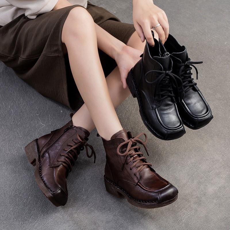 Johnature Universalūs apvalianos nosies šoniniu užtrauktuku retro trumpi aulinukai, paprastas storas kulnas, kasdieniai moteriški batai