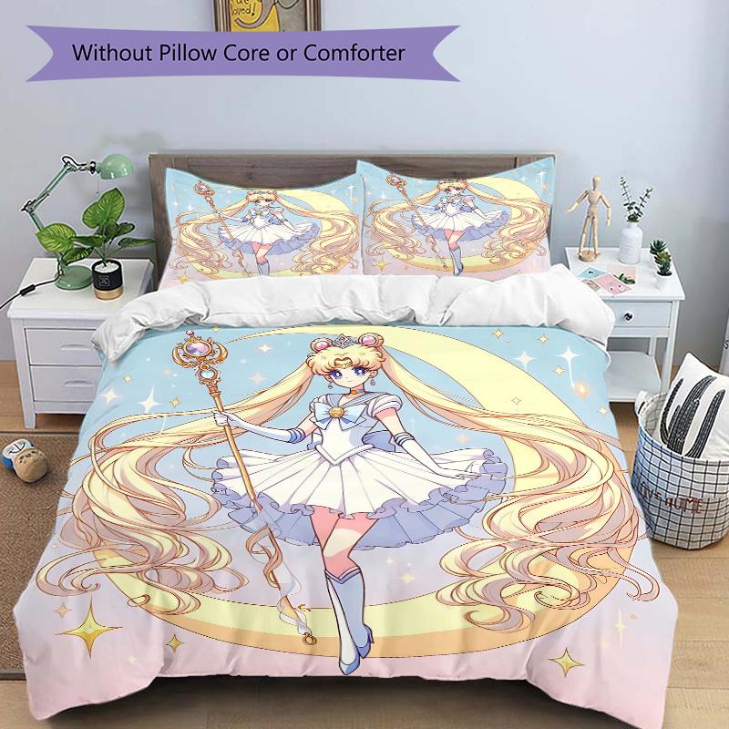 

3pcs Anime Sailor Moon Printed Quilt Set - Includes 1 Quilt Cover and 2 Pillowcases, Machine Washable - Suitable for All Seasons.L002 135x200cm