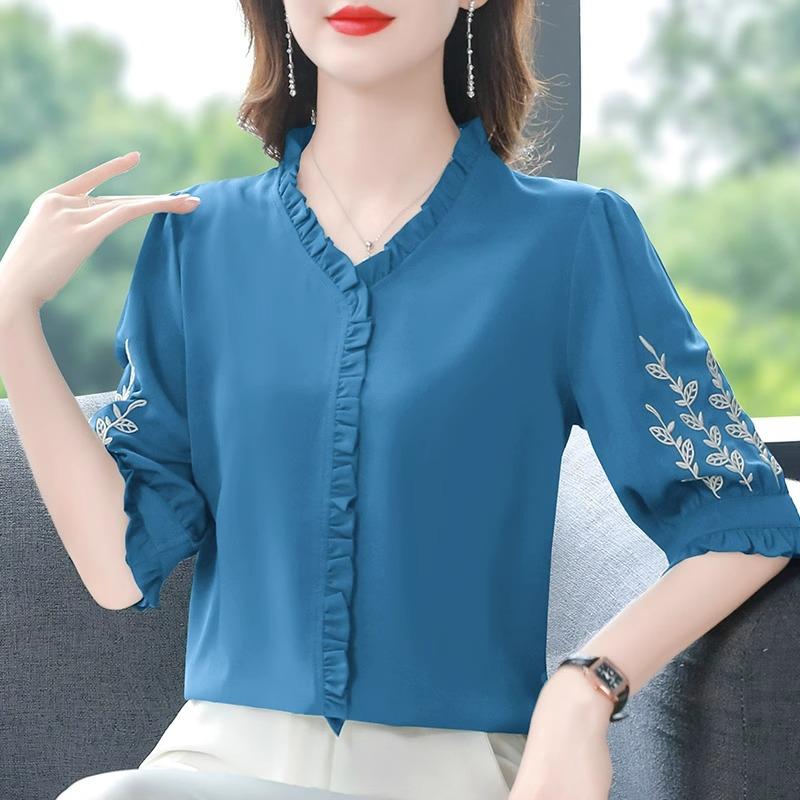 Women's Clothing Temperament Solid Short Sleeve V-neck Pullovers Loose Patchwork Embroidery Elegant Fashion Casual T-Shirts