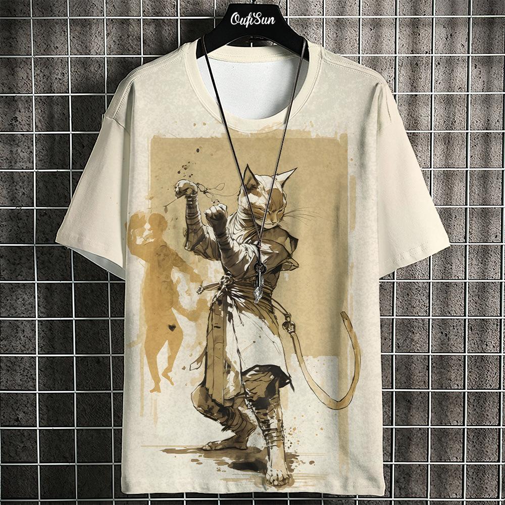 Samurai Katze T-Shirt Herren Sommer Mode Kurzarm T-Shirt Street Casual Sportbekleidung Herren Shirt