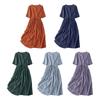 Women Cotton Linen Dress Short Sleeve V Neck Buttons Tie Waist Midi Dress Summer Casual Boho A-Line Flowy Dress