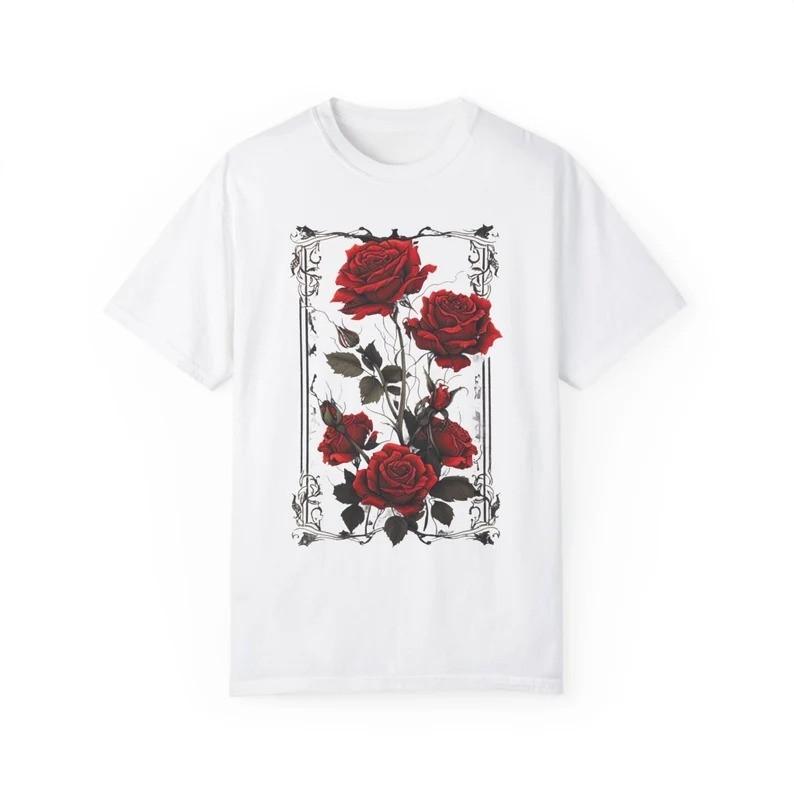 Gothic Red Roses Graphic Tee Botanical Tattoo Art Floral Print T-Shirt M
