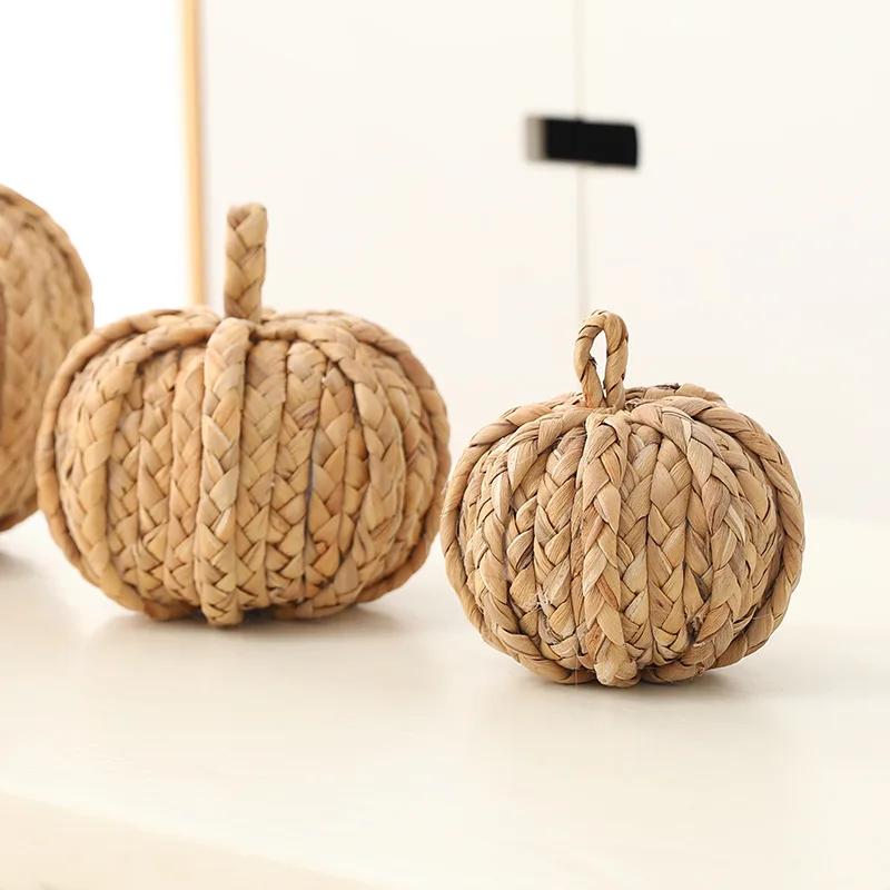 Rattan Pumpkin Figurine - Harvest Autumn Table Decoration Fall Home Ornaments Statue Stylish Seasonal Decor for Indoor Display