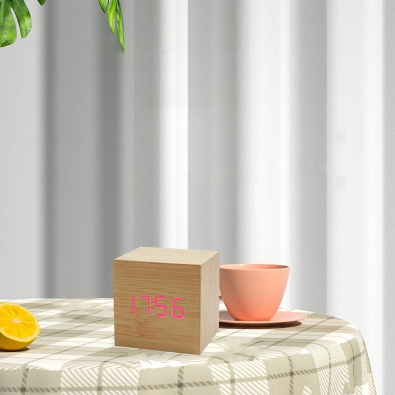 Wood Cube Voice Control Alarm Clock Bedside Table Square Clock Multipurpose for Children Bedroom Dormitory
