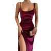 Women's Spring Summer Sexy Velvet Spaghetti Strap Maxi Dress, Slim Fit High Slit Cowl Neck Evening Party Formal Cocktail Gown