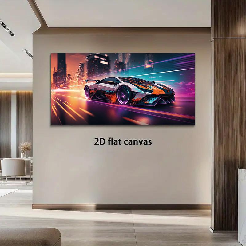 1 piece of cyberpunk style sports car, city night view canvas painting, modern living room decoration painting, high-definition