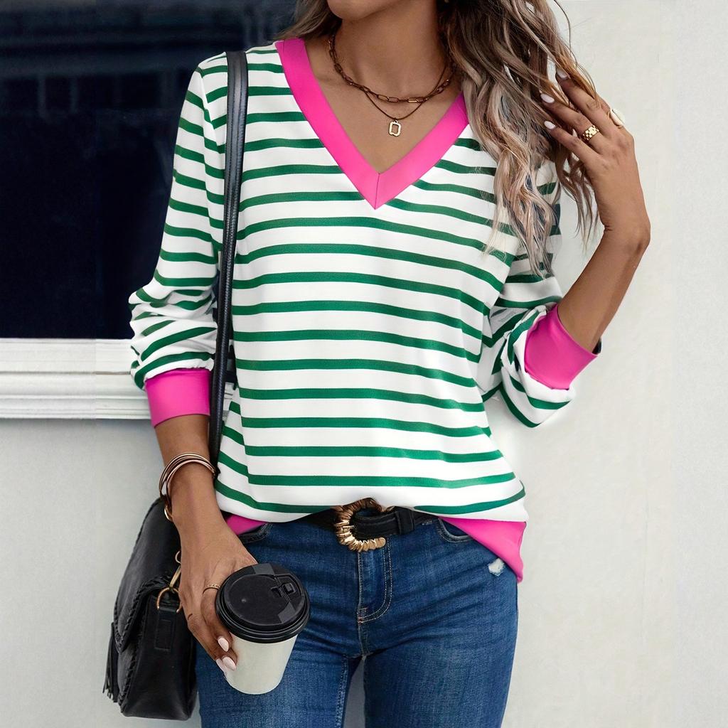 Womens Striped Long Sleeve Shirts V Neck Knit Tops Casual Fitted T Shirts Fall Outfits