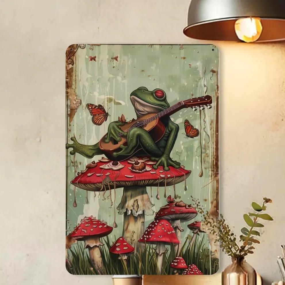 Vintage Frog Guitarist Tin Sign, Retro Metal Wall Decor Garage Man Cave Music Bar Art