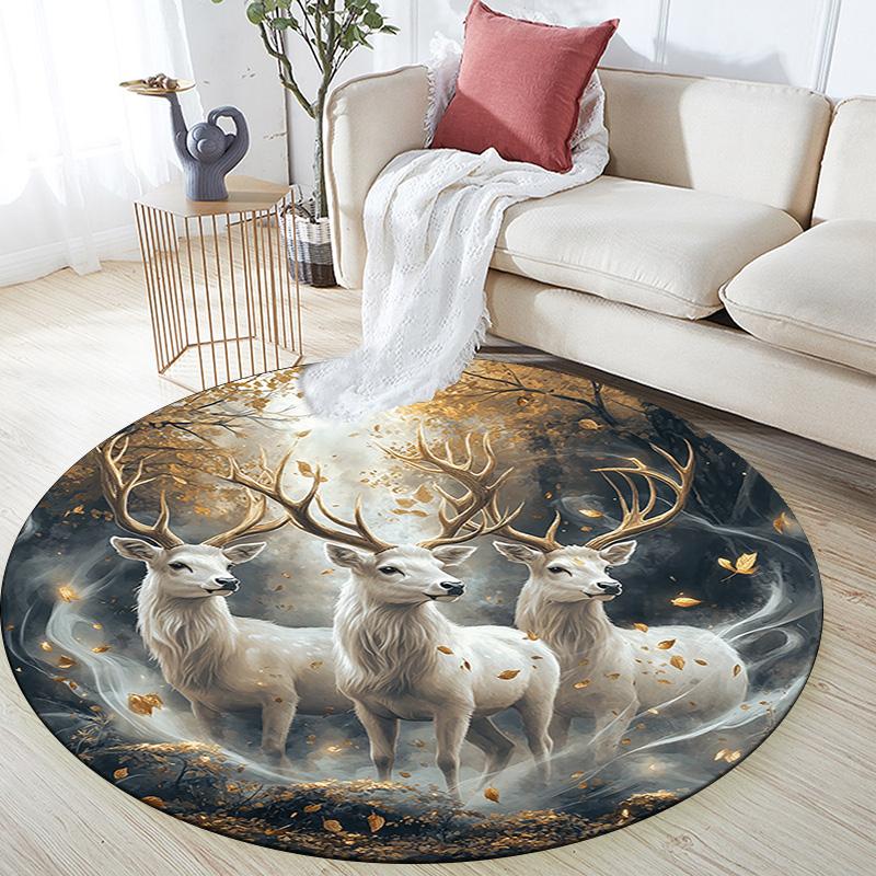Enchanted Forest Deer Round Area Rug,Carpet Rug for Living Room Bedroom Sofa Playroom Decor,Non-slip Floor Mat