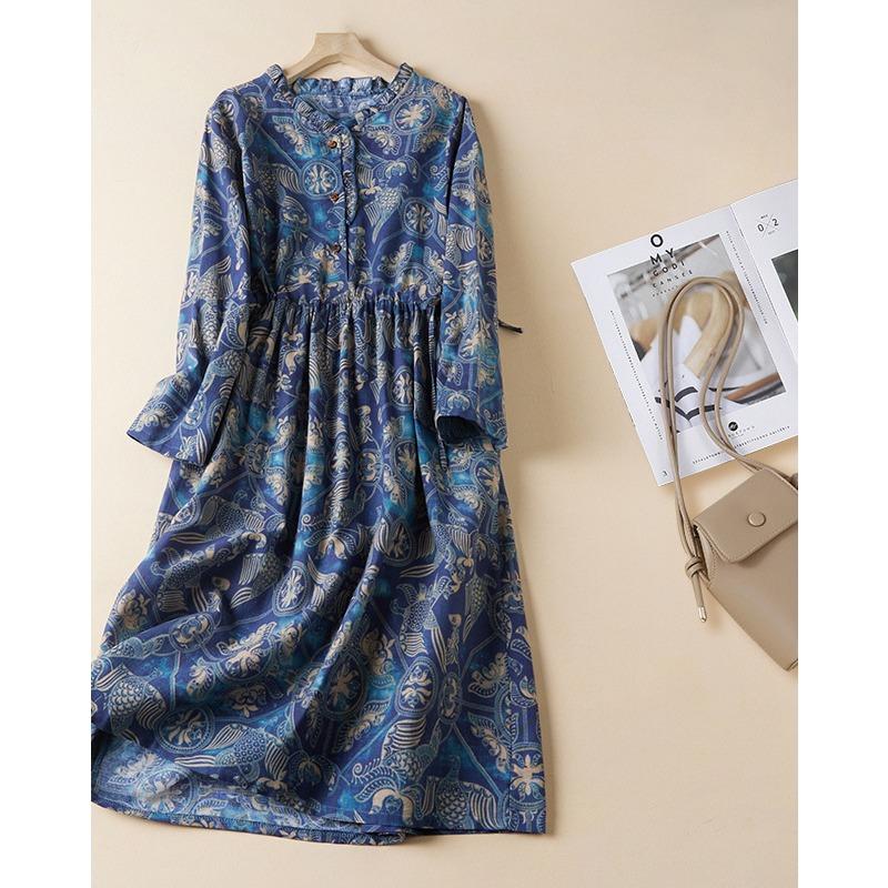 Real Spring New Literary Loose Cotton and Linen Printed Long-sleeved Dress Women's Medium and Long Models