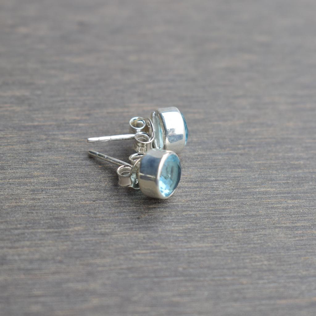 Natural Blue Topaz Stud Earrings-Handmade Silver Studs-925 Sterling Silver Stud Earrings-Gift for her-Blue Gemstone Studs-Blue Topaz Earring