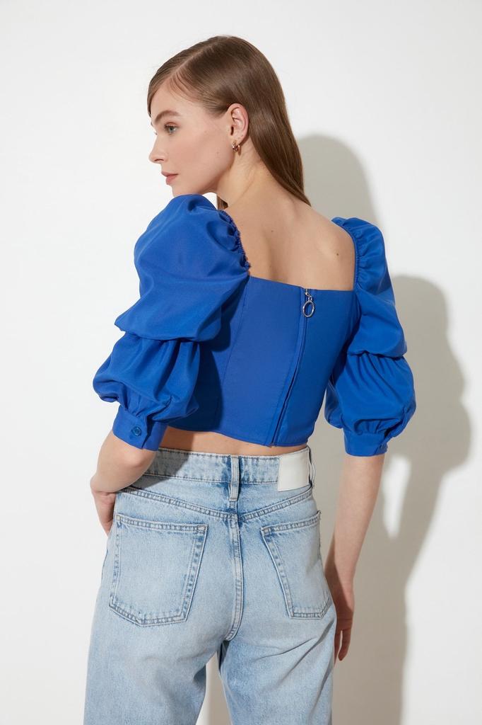 Women's Style Blouse Indigo Crop Balloon Sleeve Square Neck Woven Blouse