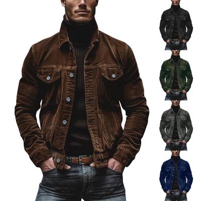 Herren Gestreifte Kordjacke Lässig Locker Knopf Revers Langarm Jacke