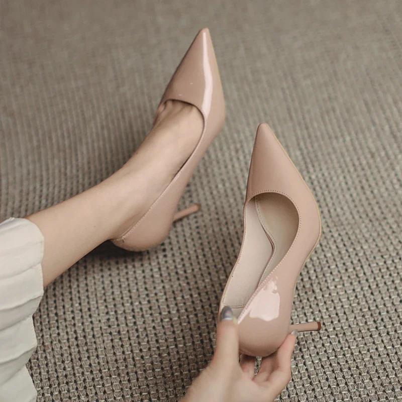 Fashion Autumn New Nude Lacquer Leather High Heels with Thin Heels Versatile Pointed Shallow Mouth Single Shoes