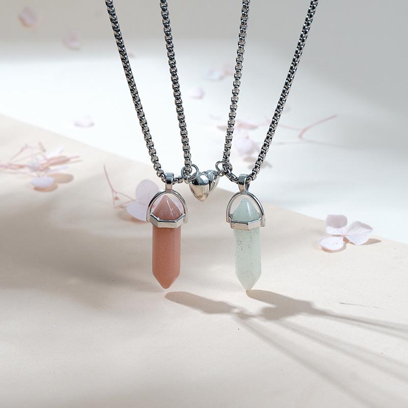 European & American Jade Hexagonal Bullet Pendant Magnetic Couple Necklace - Natural Stone Crystal