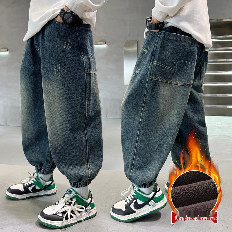 Chlapecké zateplené zimní džíny s fleecovou podšívkou - Teplé bavlněné kalhoty pro střední a velké děti (Kolekce 2025)