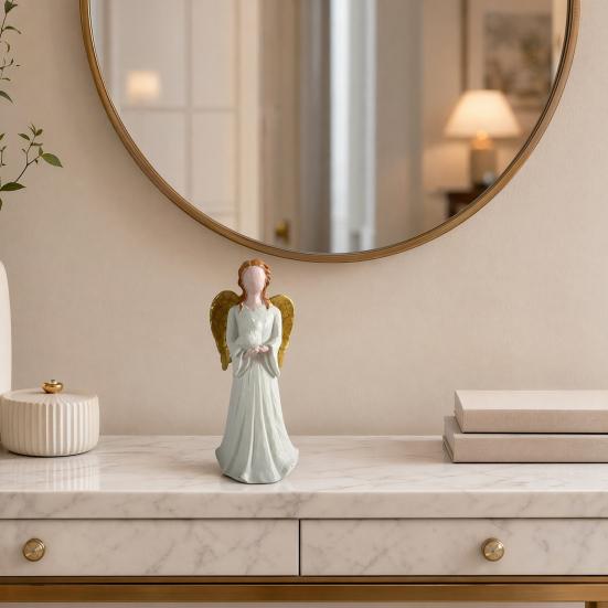 yangyizhi Angel Figurine, Resin Gold Wing Statue, White Skirt Faceless Holding Pigeon, Hand-Painted Home Decor