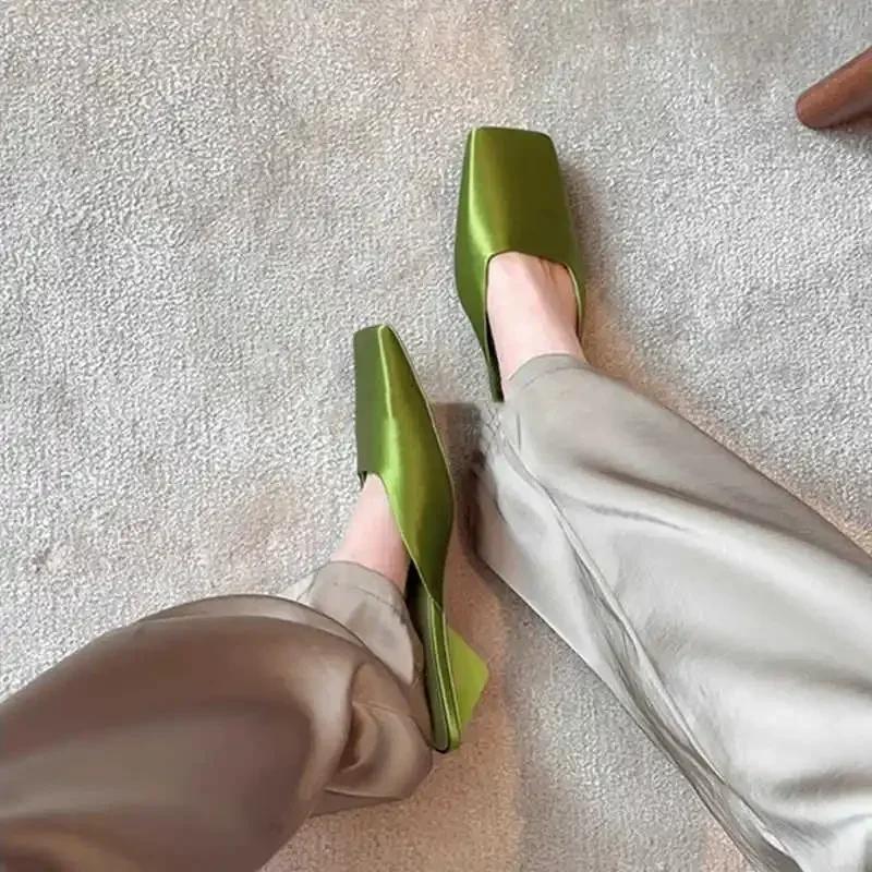 Fashion Luxury Satin Design Mules Shoes for Women Summer Sexy Square Head Strange Low Heel Slide Sandals Elegant Comfort Dress Slippers