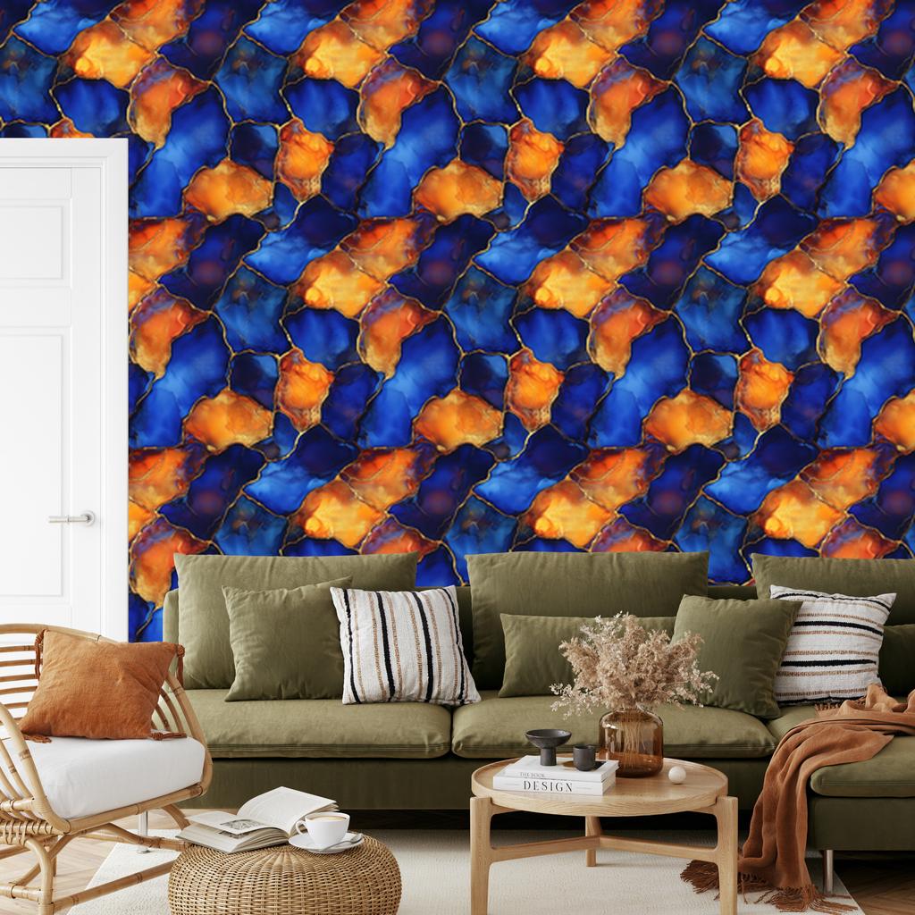 Ink blue, navy blue and orange wallpaper for living room and bedroom 50x1000