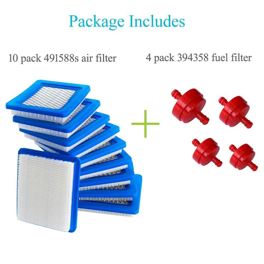 10 Pack 491588S Air Filter + 394358 Oil Filter Compatible With 491588 4915885 Hand Push Lawn Mower Replacement Accessories Part