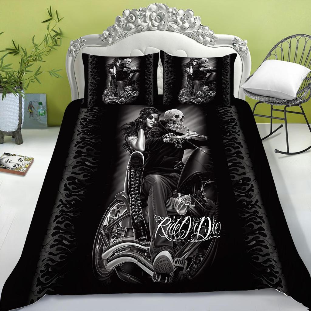 Bedding Set New Bed Cover 3D Skull Head Scary Print Family Bedroom Full Size Quilt Cover and Pillowcase Microfiber