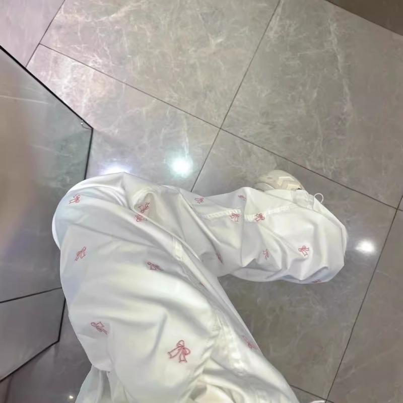 Retro Bow Printed Plus Size Cargo Pants for Women Fashion Trendy Drawstring Pleated Wide Leg Pants Women Workwear Casual Lady Trouser 24204