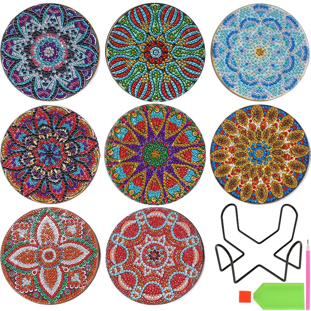 8PCS Diamond Art Painting Coasters with Holder Set, DIY Drink Coasters Art Crafts Supplies for Cup Mat Home Decor  3.9inch