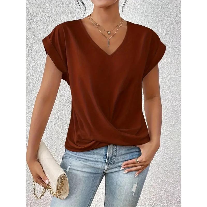 Elegant Short Sleeved Top for Spring and Summer Solid Color V-neck Women's T-shirts