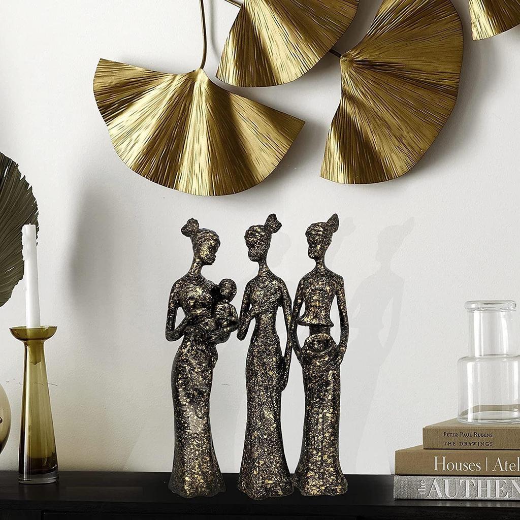Beautiful Finish Uniquely Hand Crafted Home Decor African Tribal Women Art Piece - (Set of 3, Black and Golden Color)