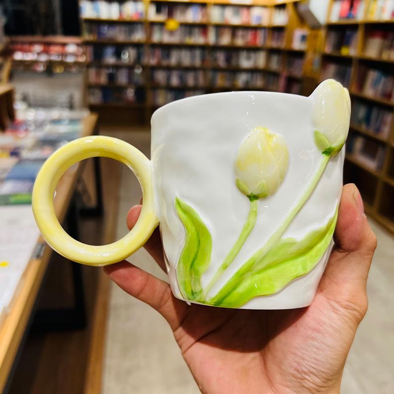 Tulip ceramic mug with lid spoon milk coffee cup girls water cup high value cup office home
